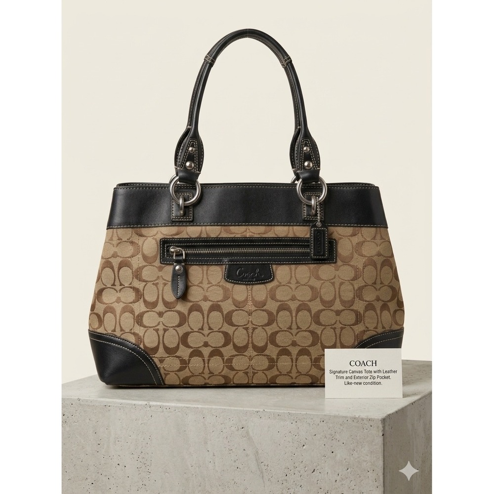 Coach Tote Bag Women Medium Brown Black F15534 Signature Canvas Leather Shoulder - Picture 1 of 8